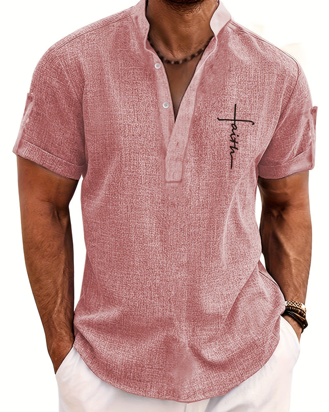 Men's Letter Print "FAITH" Short Sleeve Stand Collar Henley Shirt, Casual And Chic Tops For Summer Business And Outdoors Leisurewear - SeviSa