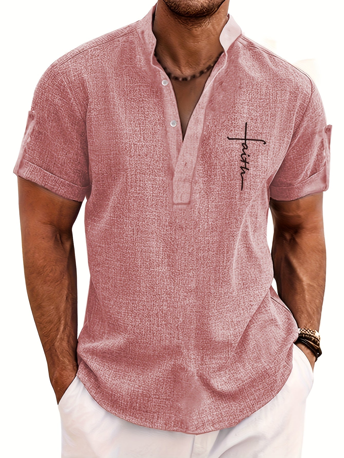 Men's Letter Print "FAITH" Short Sleeve Stand Collar Henley Shirt, Casual And Chic Tops For Summer Business And Outdoors Leisurewear - SeviSa