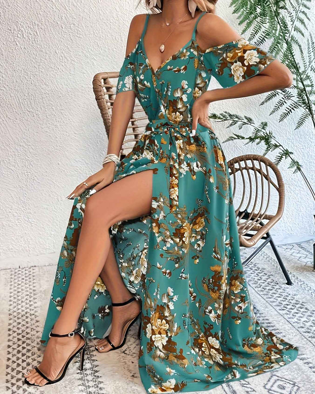 Elegant Floral Print V-Neck Maxi Dress with Tie-Waist and Ruffle Detail - Sleeveless, Flowy A-Line Skirt for Women, Perfect for Summer, Elegant Event Wear|Floral Print Dress|Polyester Fabric
