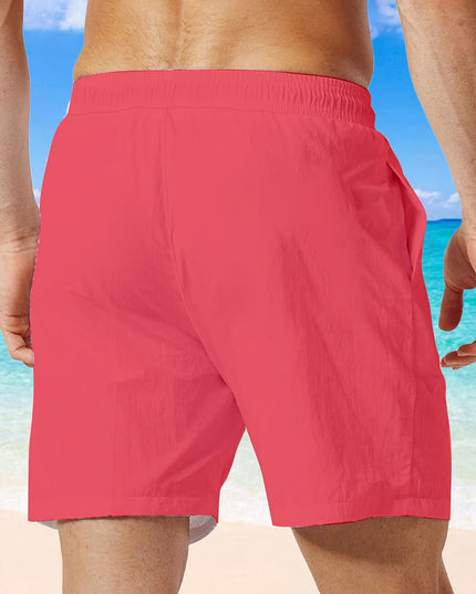 Plus Size Men'S Quick-Dry Swim Trunks with Drawstring Waist & Pockets - Vibrant Pink Hawaiian Beach Shorts, Comfortable Non-Wrinkle Fabric for Pool, Beach, Vacation, Swim Suits, Poolside Apparel, Casual Style, Smooth Texture, - SeviSa