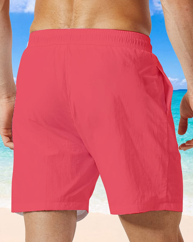 Plus Size Men'S Quick-Dry Swim Trunks with Drawstring Waist & Pockets - Vibrant Pink Hawaiian Beach Shorts, Comfortable Non-Wrinkle Fabric for Pool, Beach, Vacation, Swim Suits, Poolside Apparel, Casual Style, Smooth Texture, - SeviSa
