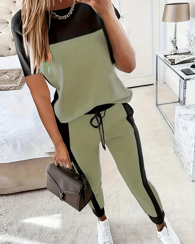 Casual Color Block Short Sleeve Round Neck T-Shirt and Long Pants Two-Piece Set