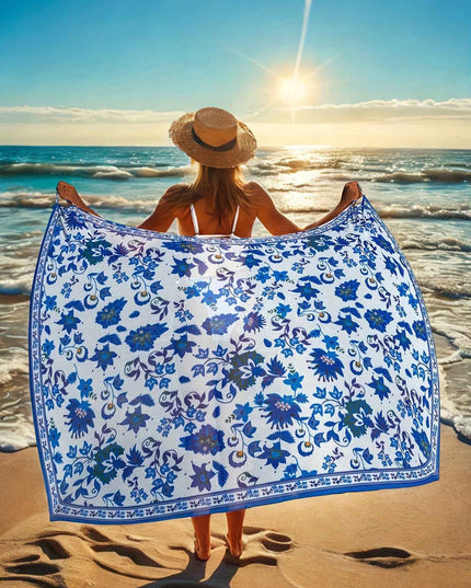Women's Bohemian Floral Print Semi-Sheer Wrap Cover-Up - Lightweight Beach Wrap Skirt with Blue & White Floral Design, Machine Washable for Poolside & Vacation Wear, Summer Coverup, Stylish Beachwear, Soft Fabric