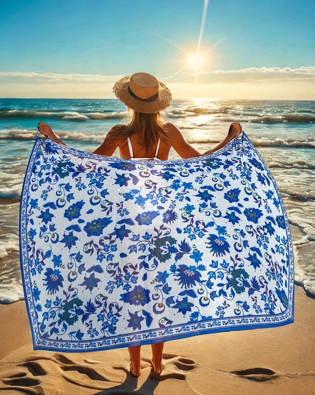 Women's Bohemian Floral Print Semi-Sheer Wrap Cover-Up - Lightweight Beach Wrap Skirt with Blue & White Floral Design, Machine Washable for Poolside & Vacation Wear, Summer Coverup, Stylish Beachwear, Soft Fabric