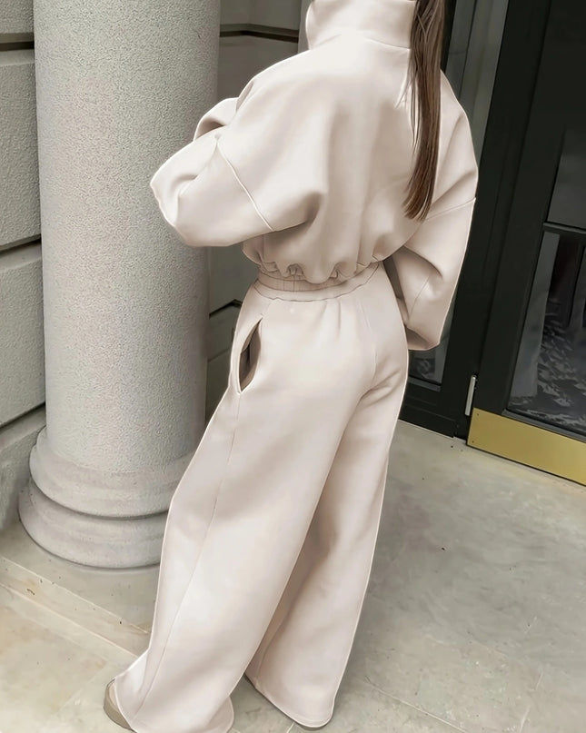 Women'S Cozy Beige Sweatshirt & Wide-Leg Pants Set - Casual Fall/Winter Polyester Knitwear with Elastic Waistband & Cuffs, Perfect for Casual Attire, Cozy Clothing | Relaxed Fit Pants | Polyester Knitwear