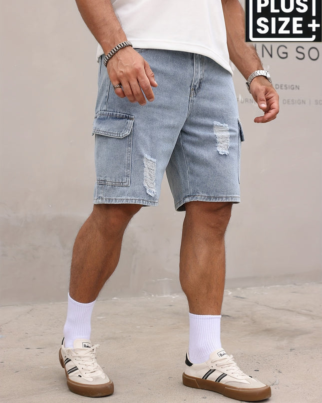 Men's Relaxed Fit Denim Cargo Shorts with Elastic Waistband & Side Pockets - Machine Washable Casual Workwear Style, Solid Color Loose Comfort for Casual Attire, Denim Shorts, Outdoor Activities, Utility Style, Sturdy Constru - SeviSa