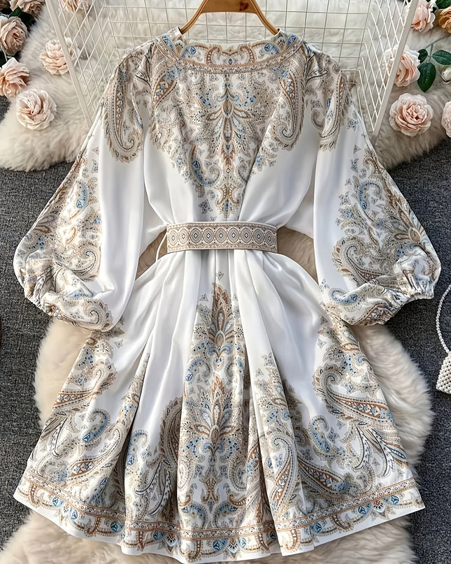 Elegant Floral Print V-Neck Midi Dress with Belt - Long Sleeve, A-Line Silhouette, Spring/Summer Fashion for Women, White with Blue and Beige Floral Patterns, Elegant Attire | Belted Dress | Lantern Sleeves, Floral Print Dres - SeviSa