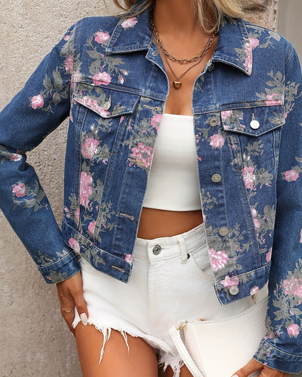 Women's Elegant Floral Print Denim Jacket, Stylish Cropped Outerwear, Casual Fashion Jean Coat For Spring/Summer - SeviSa