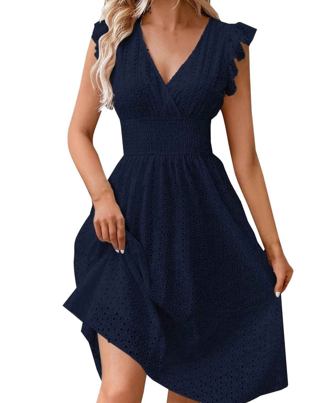Elegant Ruffle Sleeve V-Neck Dress with Tiered Hem - Navy Blue, Knee-Length, Perfect for Spring & Summer, Women'S Fashion, Casual Elegance | Tiered Hem Dress | Ruffle Sleeve Dress