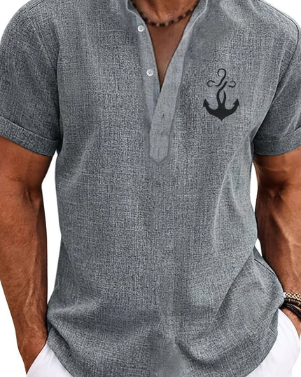 Men's Letter Print "FAITH" Short Sleeve Stand Collar Henley Shirt, Casual And Chic Tops For Summer Business And Outdoors Leisurewear - SeviSa