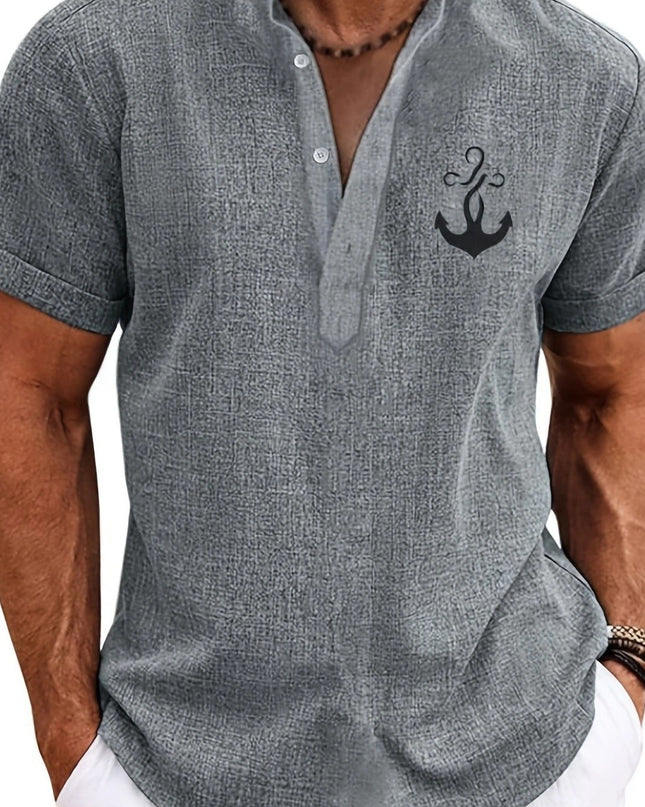 Men's Letter Print "FAITH" Short Sleeve Stand Collar Henley Shirt, Casual And Chic Tops For Summer Business And Outdoors Leisurewear - SeviSa