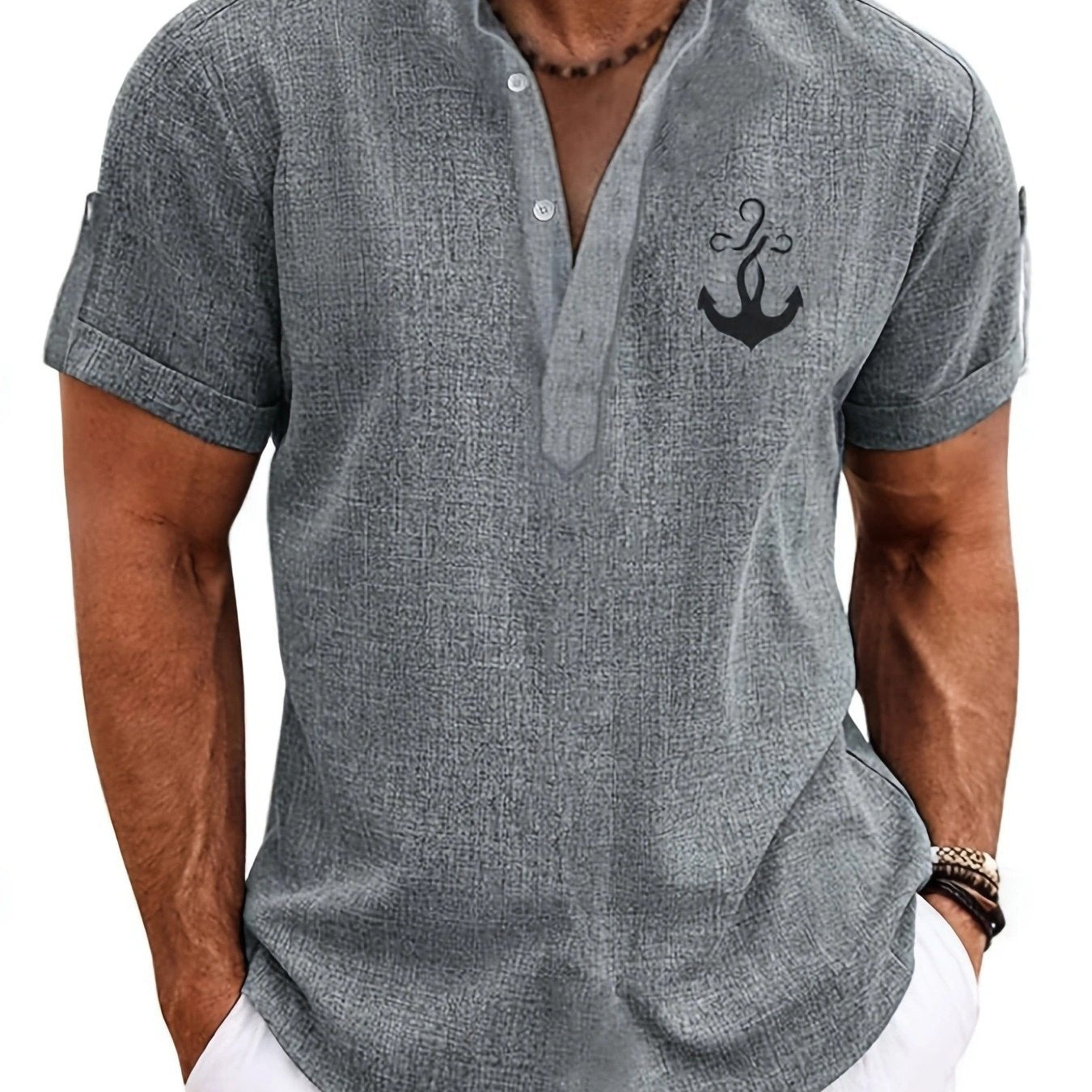 Men's Letter Print "FAITH" Short Sleeve Stand Collar Henley Shirt, Casual And Chic Tops For Summer Business And Outdoors Leisurewear - SeviSa