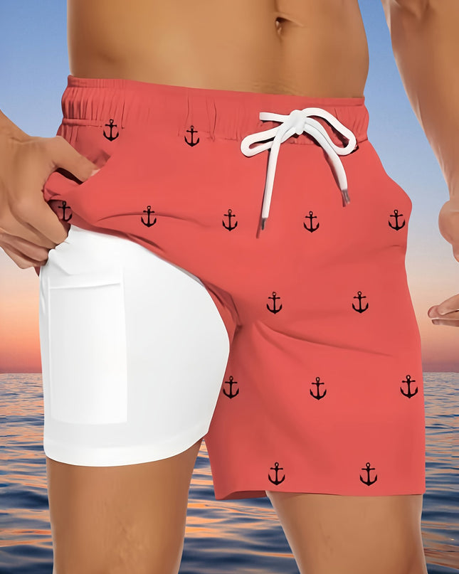 Men'S Plus Size Casual Beach Shorts - Double Layer, Quick-Dry, Drawstring Waist, Print Anchor Design, Red, Perfect for Tropical Vacations & Summer Sports, Beach Short - SeviSa