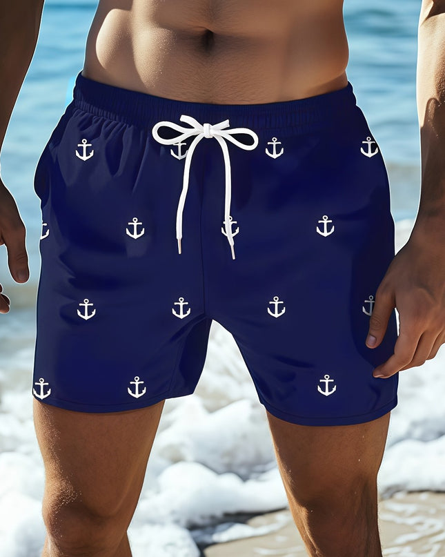 Men'S Plus Size Casual Beach Shorts - Double Layer, Quick-Dry, Drawstring Waist, Print Anchor Design, Red, Perfect for Tropical Vacations & Summer Sports, Beach Short - SeviSa