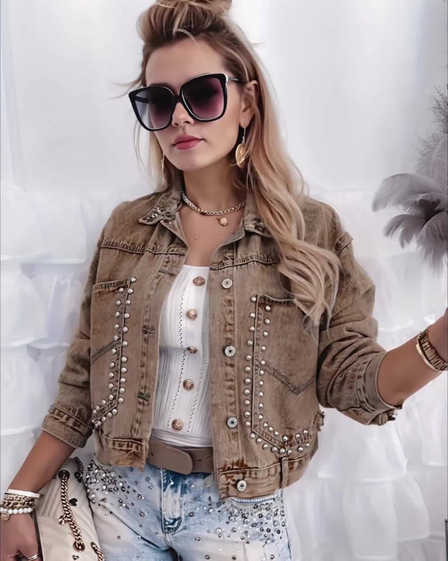 European and American Women's open-front studded short jacket with an OVERSIZE fit, size runs large; if you prefer a slim fit, consider purchasing one size smaller - SeviSa