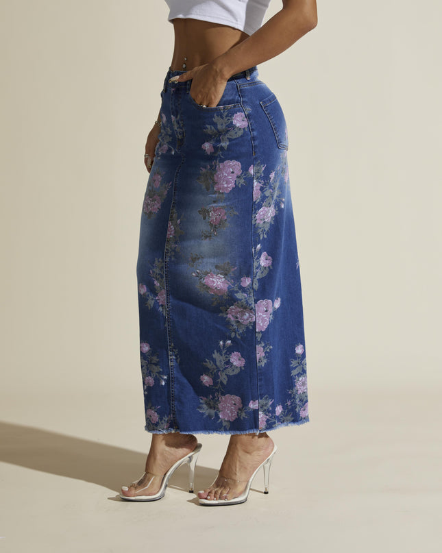 Floral Print Elegant Vintage Style Split Hem Whiskering Maxi Denim Skirt, Women's Denim Jeans & Clothing - SeviSa