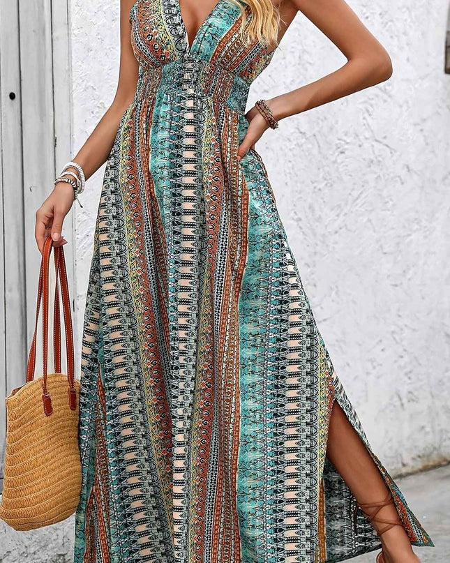 Vacation Style V-Neck Maxi Dress, Polyester Floral and Striped Print, Sleeveless Shirred Waist Fitted Long Dress, with Cross Hem, for Summer