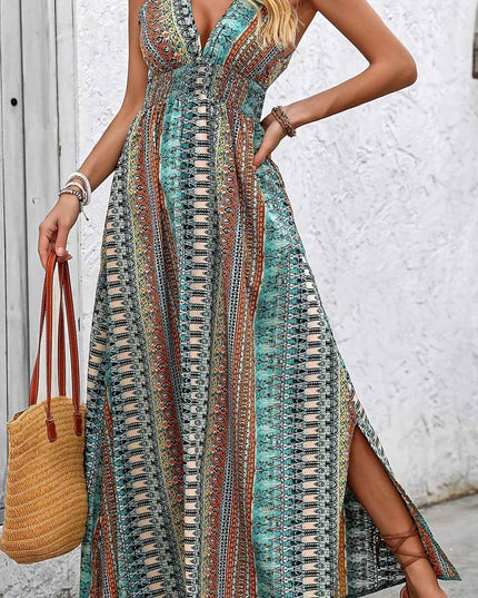 Vacation Style V-Neck Maxi Dress, Polyester Floral and Striped Print, Sleeveless Shirred Waist Fitted Long Dress, with Cross Hem, for Summer
