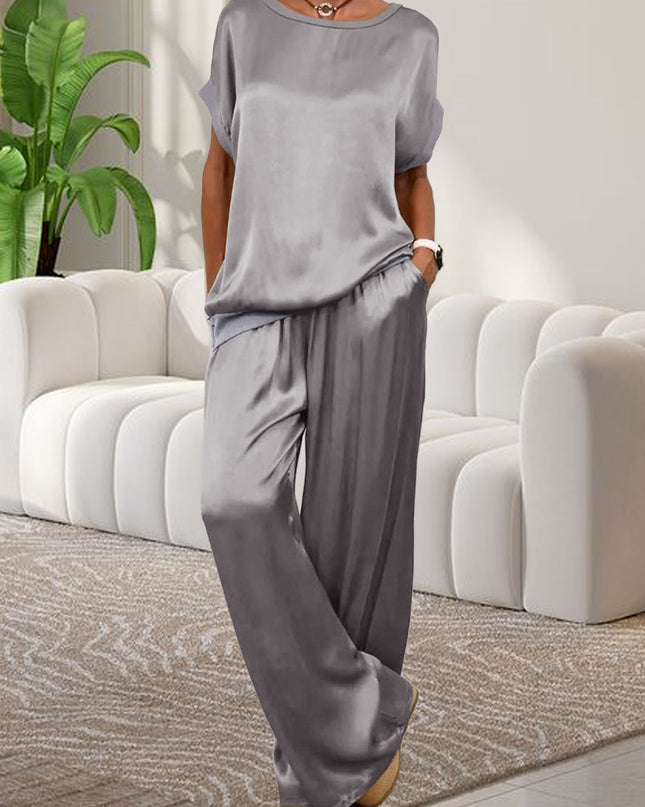 Women'S Elegant Lavender Polyester Pajama Set - Short Sleeve, Round Neck, Wide Leg Pants with Pockets, Perfect for Spring/Summer Home Wear, Relaxed Fit Pajamas|Elegant Pajama Set|Polyester Fabric