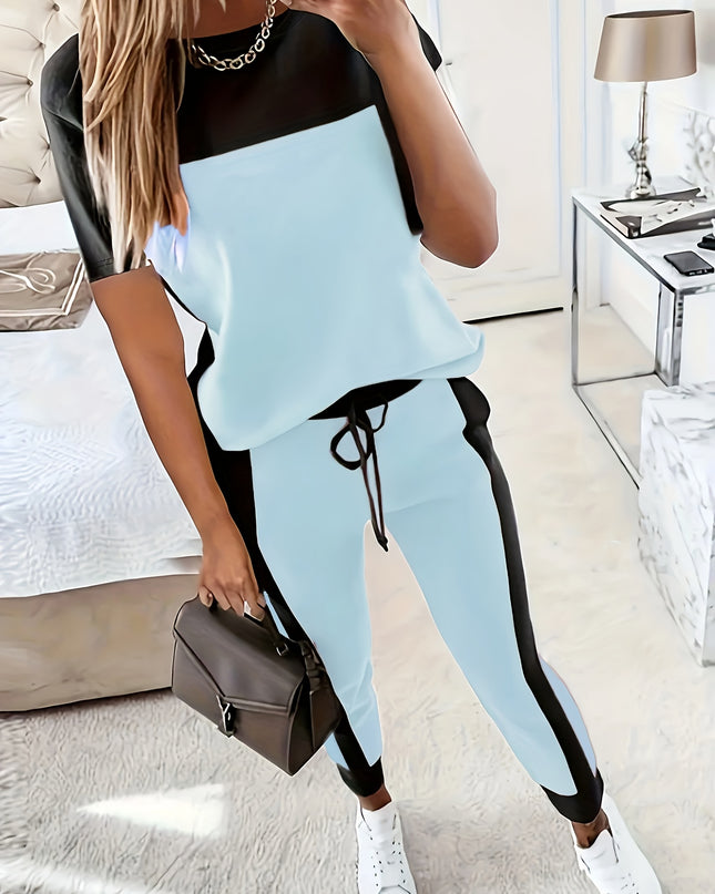 Casual Color Block Short Sleeve Round Neck T-Shirt and Long Pants Two-Piece Set