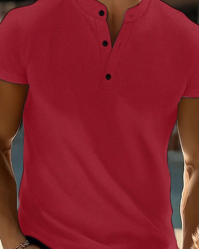 Men's Summer Short Sleeve T-Shirt - Lightweight Breathable Stand Collar Shirt with Button Detail, Solid Color Casual Sports Top for Business Casual & Outdoor Activities, Leisure Outing Apparel, Comfortable Fit Tee - SeviSa