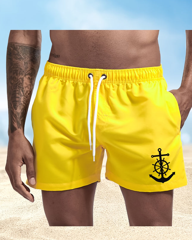 Men's Quick-Dry Swim Shorts - Navy Blue Board Shorts with Anchor design, Elastic Drawstring Waist - Lightweight Beach Swim Trunks for Surfing, Swimming, Gym, Vacation - Fast-Drying Quick Suit for Ocean & Pool Activities, Swim - SeviSa