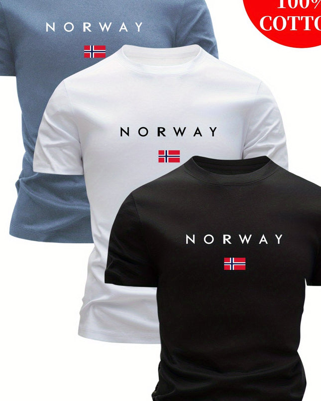 3pcs Men'S 100% Cotton Slim Fit T-Shirts - Breathable Sweat Absorbent Summer Casual Tees with "NORWAY" Graphic Print, Round Neck Short Sleeve for Outdoor & Casual Attire, Comfortable Clothing, Simple Solid Color Design, Breat - SeviSa