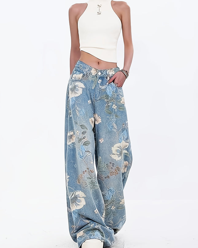 [Allseason Versatility] Women's High-Waisted Floral Print Loose-Fit Wide Leg Jeans - Light Blue Denim with Elastic Waistband, Street Style Fashion Pants for All Seasons - SeviSa