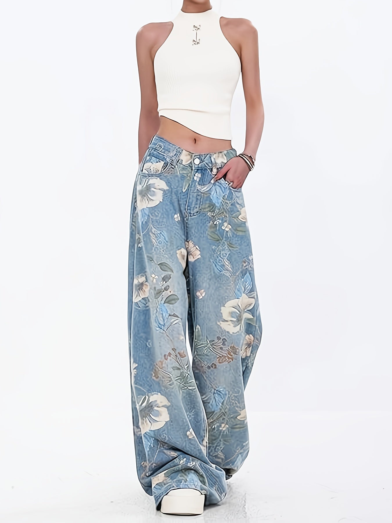 [Allseason Versatility] Women's High-Waisted Floral Print Loose-Fit Wide Leg Jeans - Light Blue Denim with Elastic Waistband, Street Style Fashion Pants for All Seasons - SeviSa