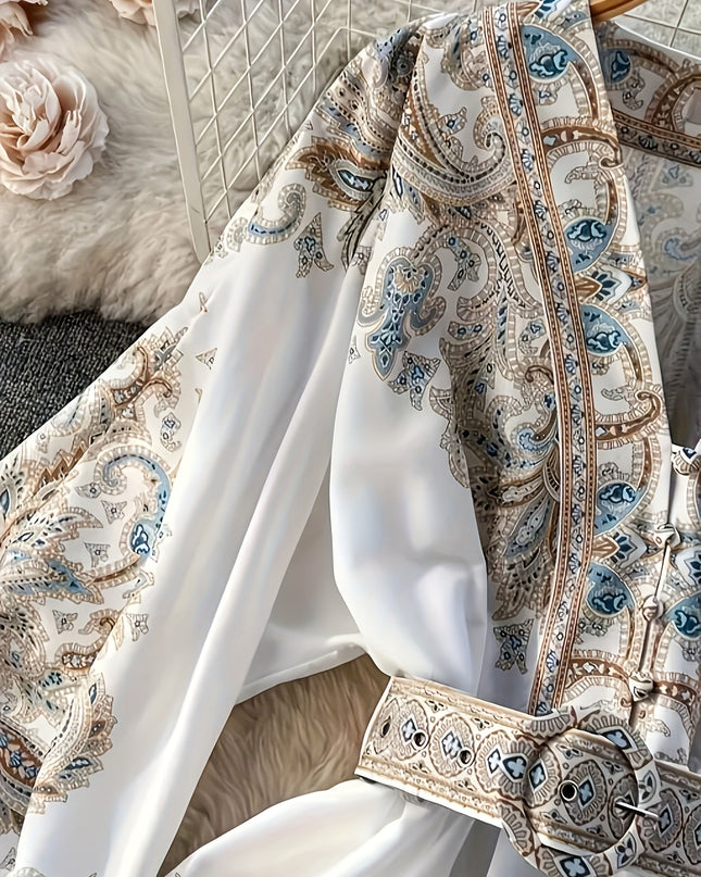 Elegant Floral Print V-Neck Midi Dress with Belt - Long Sleeve, A-Line Silhouette, Spring/Summer Fashion for Women, White with Blue and Beige Floral Patterns, Elegant Attire | Belted Dress | Lantern Sleeves, Floral Print Dres - SeviSa