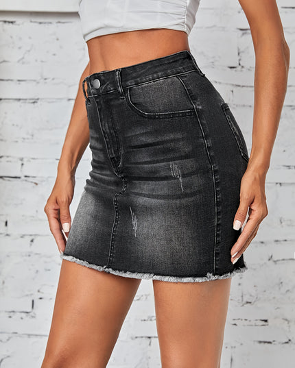 Women'S Casual Denim Skirt - High-Waisted, Frayed Hem, Medium Stretch, Solid Color, Straight Cut, Spring/Summer/Fall Fashion, Jean Skirt - SeviSa