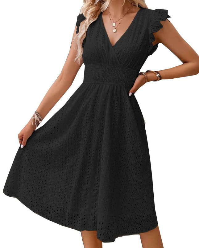 Elegant Ruffle Sleeve V-Neck Dress with Tiered Hem - Navy Blue, Knee-Length, Perfect for Spring & Summer, Women'S Fashion, Casual Elegance | Tiered Hem Dress | Ruffle Sleeve Dress