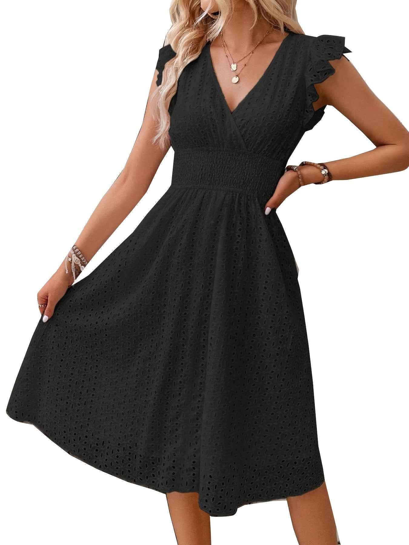 Elegant Ruffle Sleeve V-Neck Dress with Tiered Hem - Navy Blue, Knee-Length, Perfect for Spring & Summer, Women'S Fashion, Casual Elegance | Tiered Hem Dress | Ruffle Sleeve Dress