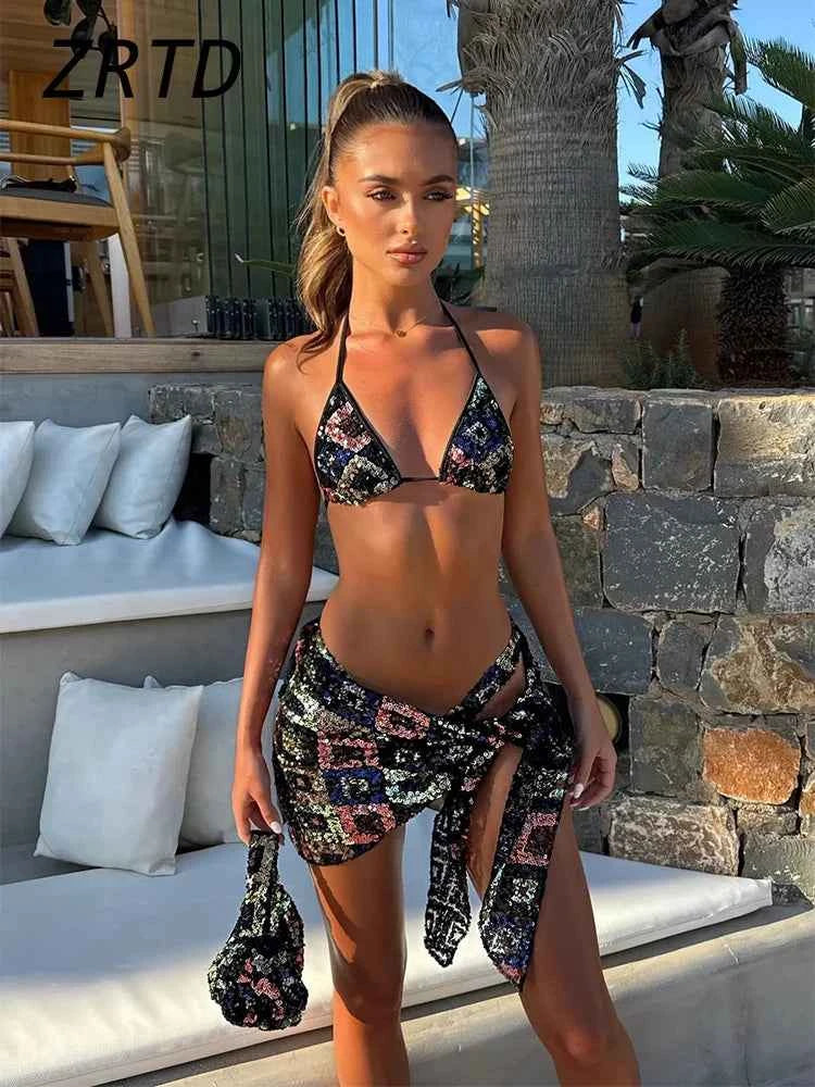Sexy Sequined Bikini Top Skirt Sets Halter Backless Sleeveless Crop Vest Lace Up Mini Skirts 2025 Summer Lady Beach Swimsuit New