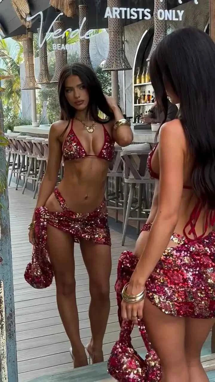 Sexy Sequined Bikini Top Skirt Sets Halter Backless Sleeveless Crop Vest Lace Up Mini Skirts 2025 Summer Lady Beach Swimsuit New