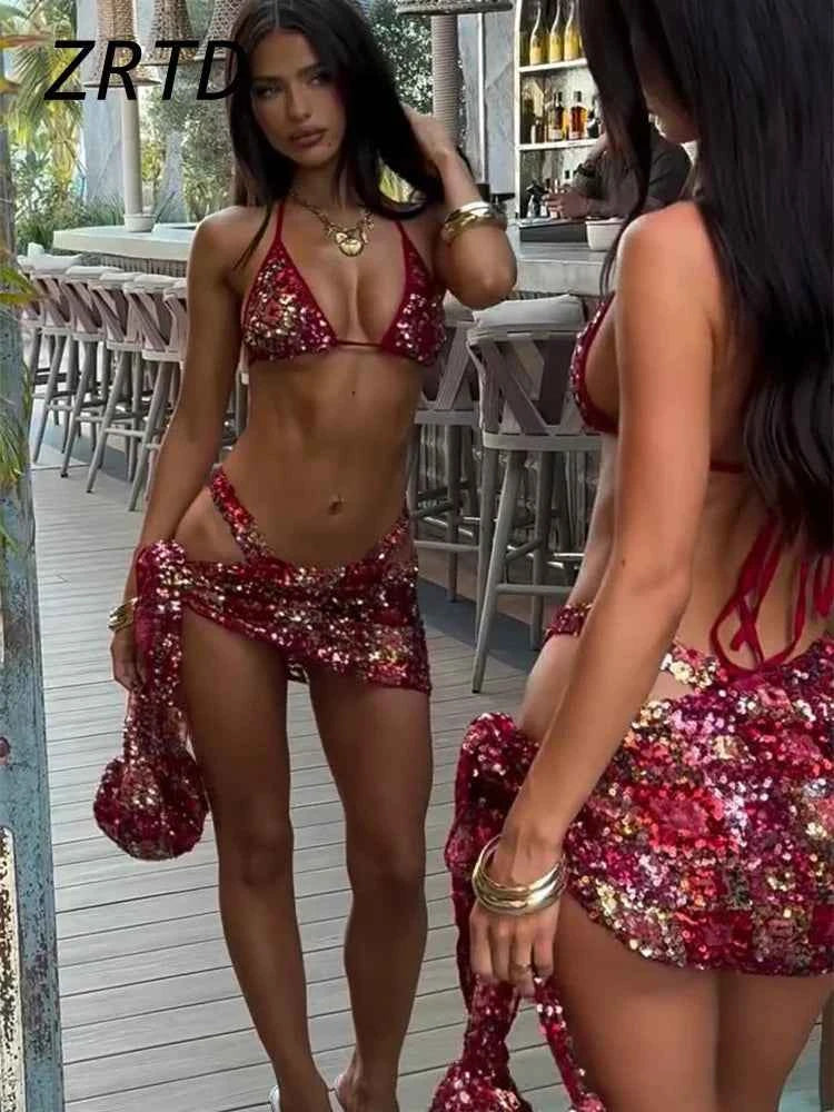 Sexy Sequined Bikini Top Skirt Sets Halter Backless Sleeveless Crop Vest Lace Up Mini Skirts 2025 Summer Lady Beach Swimsuit New