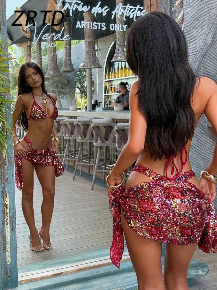 Sexy Sequined Bikini Top Skirt Sets Halter Backless Sleeveless Crop Vest Lace Up Mini Skirts 2025 Summer Lady Beach Swimsuit New