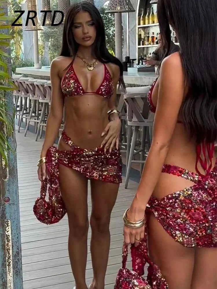 Sexy Sequined Bikini Top Skirt Sets Halter Backless Sleeveless Crop Vest Lace Up Mini Skirts 2025 Summer Lady Beach Swimsuit New