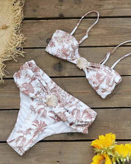 2025 Trend Shell High Waist Bikini With Beach Cover Ups Women 3Pcs Swimsuits Fashion Long Sleeves Dress Lady Holiday Beach Wear