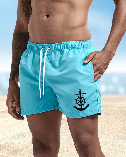 Men's Quick-Dry Swim Shorts - Navy Blue Board Shorts with Anchor design, Elastic Drawstring Waist - Lightweight Beach Swim Trunks for Surfing, Swimming, Gym, Vacation - Fast-Drying Quick Suit for Ocean & Pool Activities, Swim - SeviSa