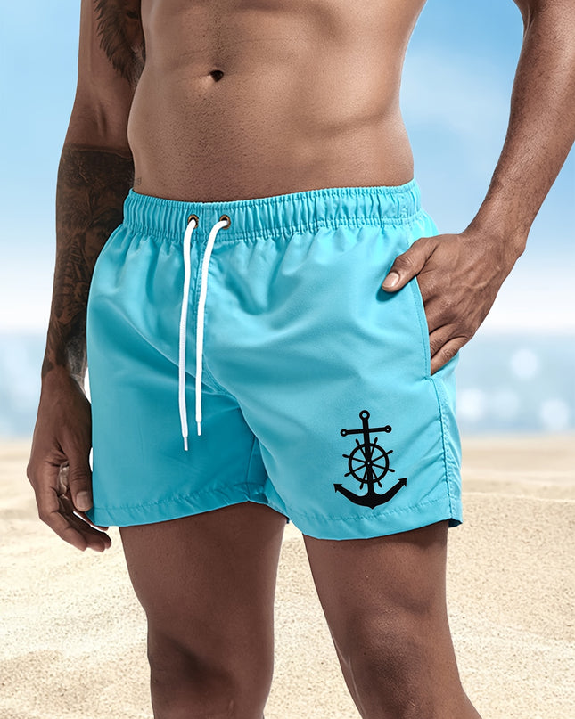 Men's Quick-Dry Swim Shorts - Navy Blue Board Shorts with Anchor design, Elastic Drawstring Waist - Lightweight Beach Swim Trunks for Surfing, Swimming, Gym, Vacation - Fast-Drying Quick Suit for Ocean & Pool Activities, Swim - SeviSa