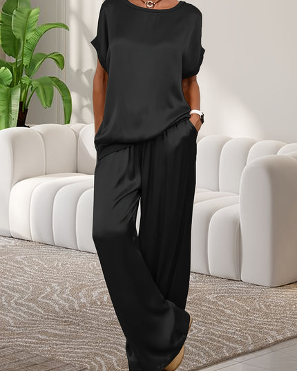 Women'S Elegant Lavender Polyester Pajama Set - Short Sleeve, Round Neck, Wide Leg Pants with Pockets, Perfect for Spring/Summer Home Wear, Relaxed Fit Pajamas|Elegant Pajama Set|Polyester Fabric