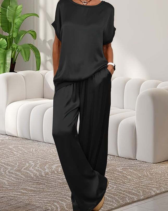 Women'S Elegant Lavender Polyester Pajama Set - Short Sleeve, Round Neck, Wide Leg Pants with Pockets, Perfect for Spring/Summer Home Wear, Relaxed Fit Pajamas|Elegant Pajama Set|Polyester Fabric