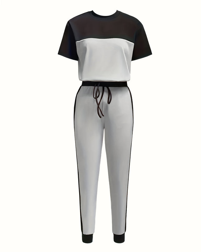 Casual Color Block Short Sleeve Round Neck T-Shirt and Long Pants Two-Piece Set
