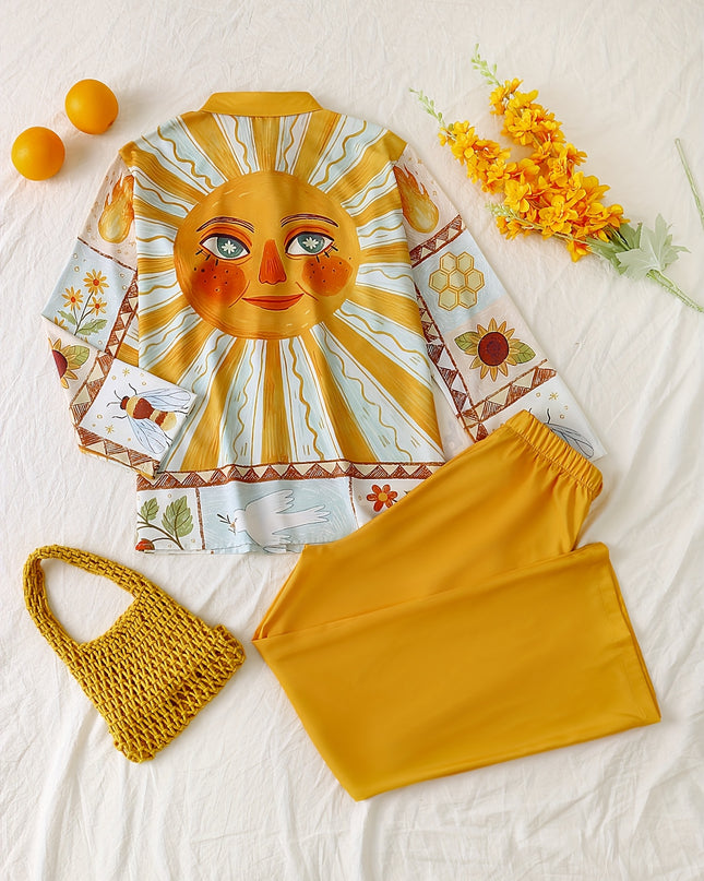 Women'S Beach Vacation Cartoon Sun Print Long Sleeve Shirt + Pants Set, Perfect for Outdoor