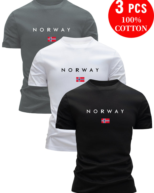 3pcs Men'S 100% Cotton Slim Fit T-Shirts - Breathable Sweat Absorbent Summer Casual Tees with "NORWAY" Graphic Print, Round Neck Short Sleeve for Outdoor & Casual Attire, Comfortable Clothing, Simple Solid Color Design, Breat - SeviSa