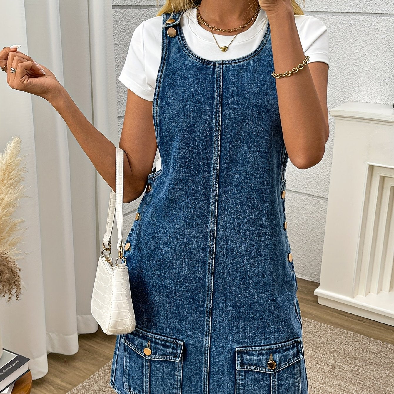 Morin Women's Elegant Denim Overalls Dress - Sleeveless A-Line Mini Skirt with Front Pockets, Button Closure, and Adjustable Straps, Light Blue Cotton for Spring/Summer/Fall - SeviSa