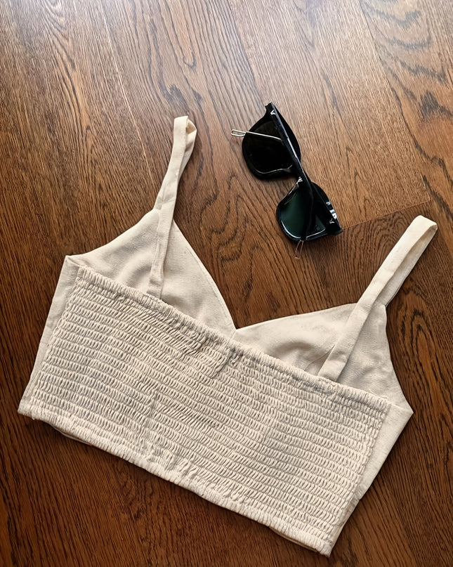 Elegant Beige Sleeveless Top & Button- Pants Set - Chic V-Neck, Long Sleeveless Shirt with Ruffled Detail, High-Waisted Wide-Leg Pants, Perfect for Casual or Office Wear, Casual Attire|Ruffled Detail Top|Button Detail Pants
