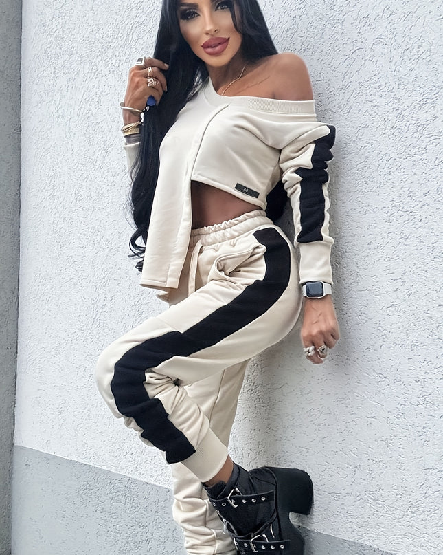 1set Elegant Women'S Polyester Knit Fabric Patchwork Outfit - One Shoulder V-Neck Long Sleeve Top with Irregular Design and Drawstring Pants with Pockets - All-Season Casual Wear