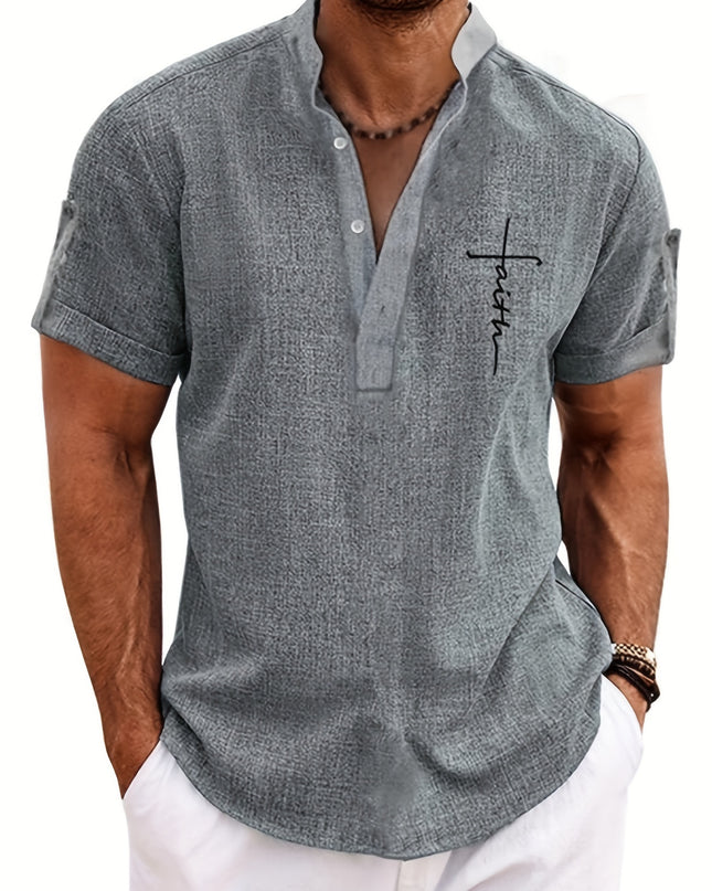 Men's Letter Print "FAITH" Short Sleeve Stand Collar Henley Shirt, Casual And Chic Tops For Summer Business And Outdoors Leisurewear - SeviSa